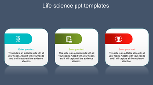 Life science slide with three rounded rectangular boxes with blue, green, and red headers on a dark gray background.