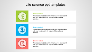 Three colorful sections with circular icons in green, blue, and red on a light background, each with text boxes.