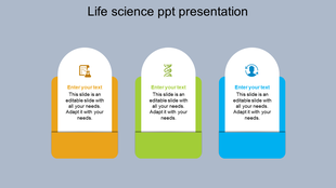 Three rounded rectangular sections in yellow, green, and blue with icons for life science, each with text.