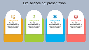 Life science PPT slide with four colored icons a flask, DNA, human figure, and first aid symbol, each with text boxes.