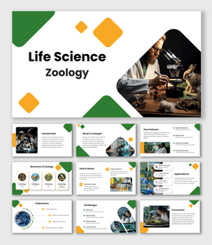 Life Science PPT Templates with zoology slides, microscope visuals, green orange shapes and clean layouts for study