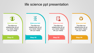 Life science infographic slide with four rounded icons inside segmented rings in blue, green, red, and teal, evenly spaced.