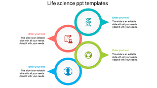 Life science PPT template with four circular sections a laboratory flask, DNA helix, human figure, and first aid symbol.