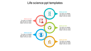 Life science PPT slide with five colorful sections, each containing an icon with placeholder text on a white backdrop.