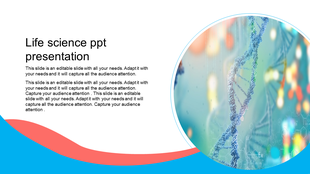 Circular image of DNA strand on a blurred background, with blue and orange waves on the bottom and text beside it.