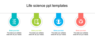 Life science PPT template with colorful icons for DNA, laboratory work, human health, and assistance with placeholder text.