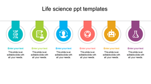 Horizontal layout with six colorful circular icons, each representing a different life science concept, with space for text.