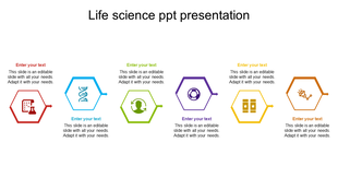Slide featuring six colorful hexagons in red, blue, green, purple, yellow, and orange, with science themed icons inside.