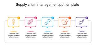 Supply chain management PowerPoint template with five colored boxes each featuring an icon with captions on a white backdrop.