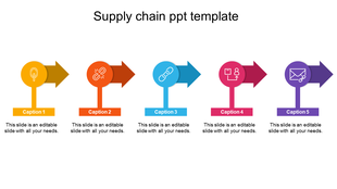 Five arrows paired with circles, in yellow, orange, blue, pink, and purple, each representing a supply chain stage.