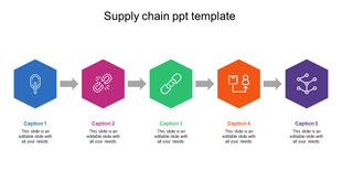 Supply chain template with five hexagonal icons in blue, pink, green, orange, and purple, connected by gray arrows.