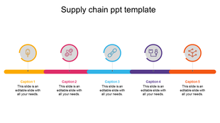 Five step supply chain layout with colorful circular icons on a line, each labeled with a caption beneath.