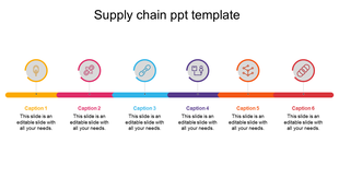 Supply chain slide with six colorful icons in yellow, pink, blue, purple, orange, and red, arranged in a horizontal line.