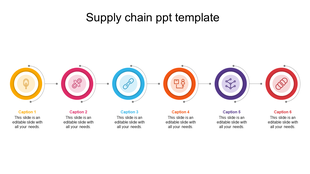 Flow diagram of supply chain stages with six circular sections, each containing an icon and caption areas.