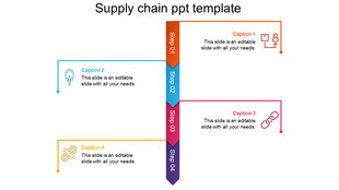Vertical layout with four steps, each represented by colorful arrows in orange, blue, pink, and purple with icons.