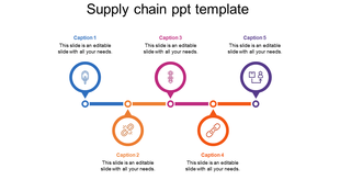 Supply chain slide with five circular icons in blue, yellow, pink, orange, and purple, connected on a horizontal line.