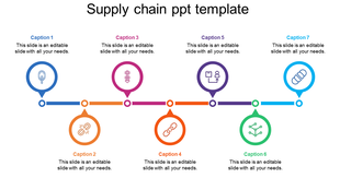 Supply chain PowerPoint template with colorful icons representing different stages, linked by arrows.