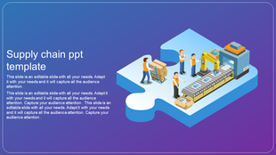 Illustration of a factory production line with workers and a robotic arm, set against a blue to purple gradient background.