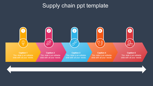 Horizontal flowchart with five vibrant arrow shaped sections, each containing icons and captions, on a dark background.