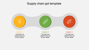 Diagram showcasing three connected supply chain stages with icons and caption areas below each circle.