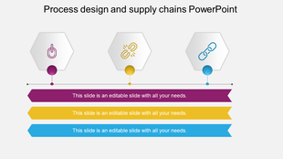 Three hexagonal icons in purple, yellow, and blue are aligned horizontally, with colored arrows below on a white background.