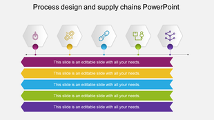 Slide featuring five horizontal colored blocks with hexagonal icons, in purple, yellow, blue, green, and purple.