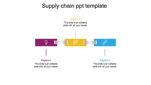 Supply chain template with three colorful blocks in purple, yellow, and blue, each connected by a silver links.
