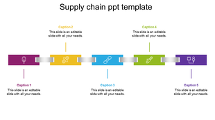 Supply chain flow with maroon, yellow, blue, green, and purple blocks connected by silver links, each with a caption.