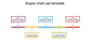 Supply chain PowerPoint template with colorful captions and icons, each linked to a line on a white backdrop.