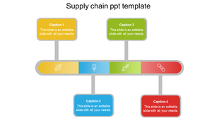 Supply chain PowerPoint template with colorful captions each with text and corresponding icons on a white backdrop.