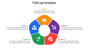 TQM slide with a five segment circular diagram in orange, purple, red, green, and blue, each featuring an icon and caption. 