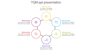 TQM circular diagram with six icons in different colors, connected by thin lines, with placeholder captions around it.