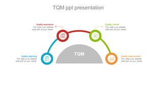 Semi circular layout with four colorful icons in blue, red, green, and orange, around a central gray circle.