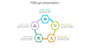 TQM PowerPoint slide featuring text sections with icons in a colorful hexagonal circular model on a white backdrop.