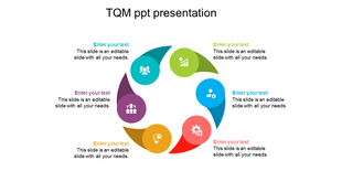 Total quality management infographic with six curved shaped elements in different colors, each containing an icon and text.