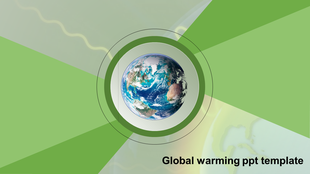 Global warming template with an Earth image at the center, surrounded by green radial segments and abstract light waves.