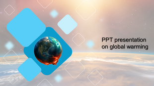 Global warming slide featuring a burning earth and geometric blue shapes, set against a backdrop of clouds and sunlight.