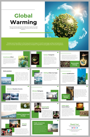 A pack of global warming slides featuring many sections like the greenhouse effect, carbon footprint, and renewable energy.