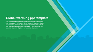 Global warming slide with a green and blue geometric design, diagonal overlays, and a city skyline silhouette.