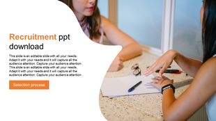Recruitment slide showing a conversation between two people, with text and orange button in a curved layout on the left.