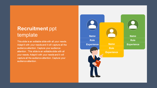 Slide featuring an orange block with text, alongside blue, yellow, and green profile card with details, and a person icon.