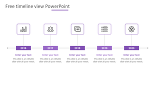 Purple themed timeline with six year markers, each represented by a rectangular shape, linked by dotted lines.