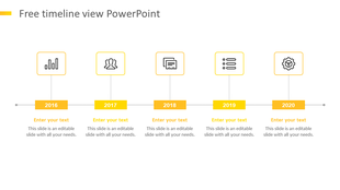 Minimalist horizontal timeline with yellow year blocks,  connectors, and icons above each milestone from 2016 to 2020. 