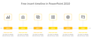 PPT slide showcasing a timeline from 2015 to 2020 with yellow icons representing different milestones with placeholder text.