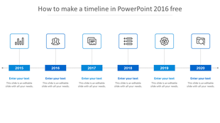 Five step timeline from 2017 to 2021 with red circular arrows, icons inside each step, and placeholder text below. 