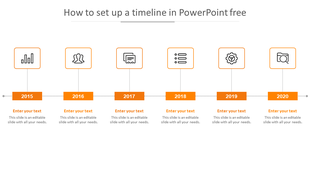 PPT slide showcasing a timeline from 2015 to 2020 with orange icons representing different milestones with placeholder text.