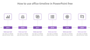 Purple horizontal timeline from 2015 to 2020 with square icons above each year and editable text below.