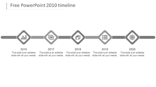 Horizontal timeline with five grey diamond shaped icons linked by a line, each representing years from 2016 to 2020.