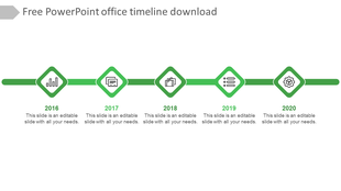 Horizontal green timeline with five diamond shaped icons, each connected to a year marker from 2016 to 2020.