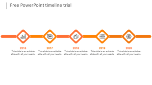 Linear timeline from 2016 to 2020 in orange with diamond-shaped icons under each year, including  captions areas.
